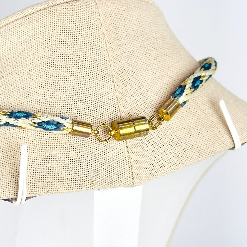 Artisan Boho Teal Blue Gold Crochet Seed Beaded Orb Braided Cord Necklace - Picture 7 of 7